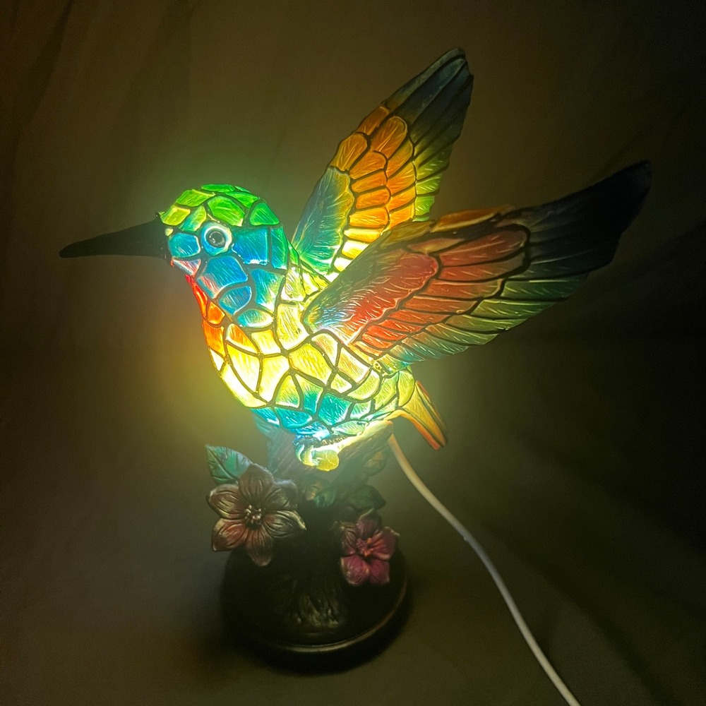 Hummingbird Figurine Lamp Multicolor Stained Glass Style Resin Bird Table Decor